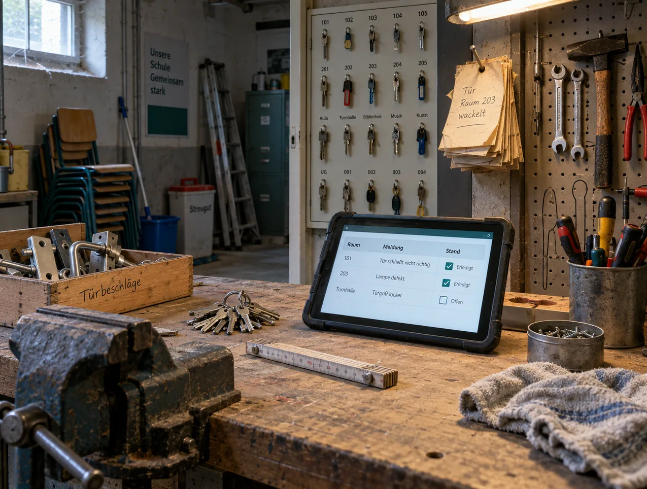 Werkbank im Hausmeisterraum einer Schule, Tablet in Gummihülle mit Mängelliste nach Raum und Stand, darüber ein Nagel mit aufgespießten handgeschriebenen Zetteln