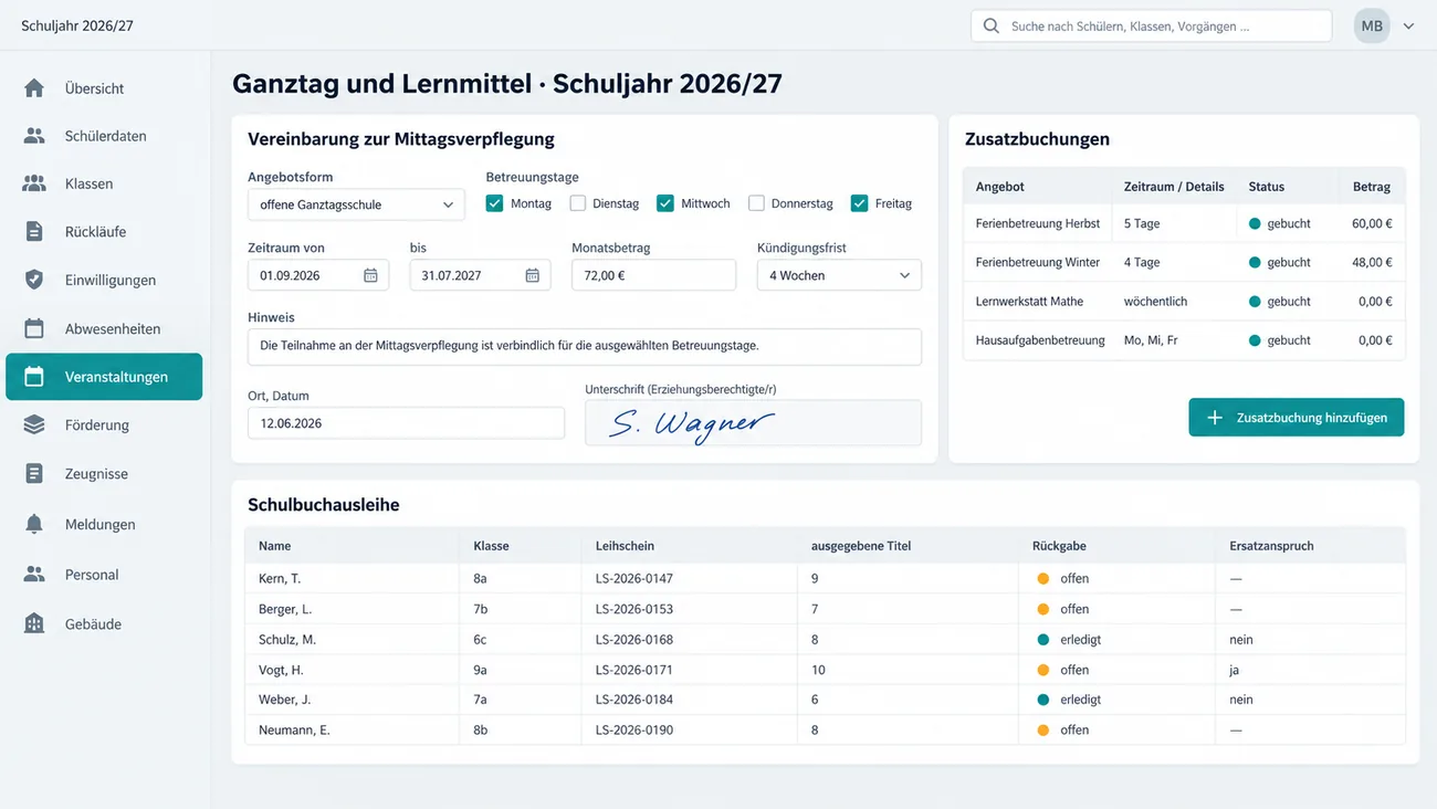 Maske: Buchungsstrecke für Ganztag, Mittagsverpflegung und Schulbuchausleihe mit Zeitraum und Betrag