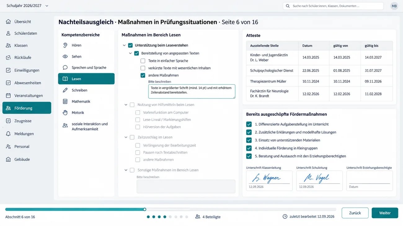 Maske: Förderbogen mit verschachtelter Ankreuzlogik, Kompetenzbereichen und Attest-Gültigkeit