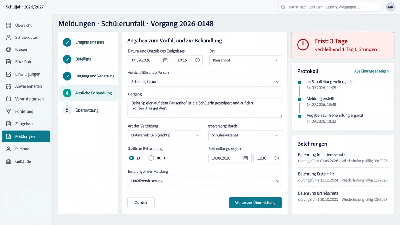 Maske: fristgebundene Meldung mit Zeitpunkt, Weiterleitungsprotokoll und unveränderlicher Endfassung