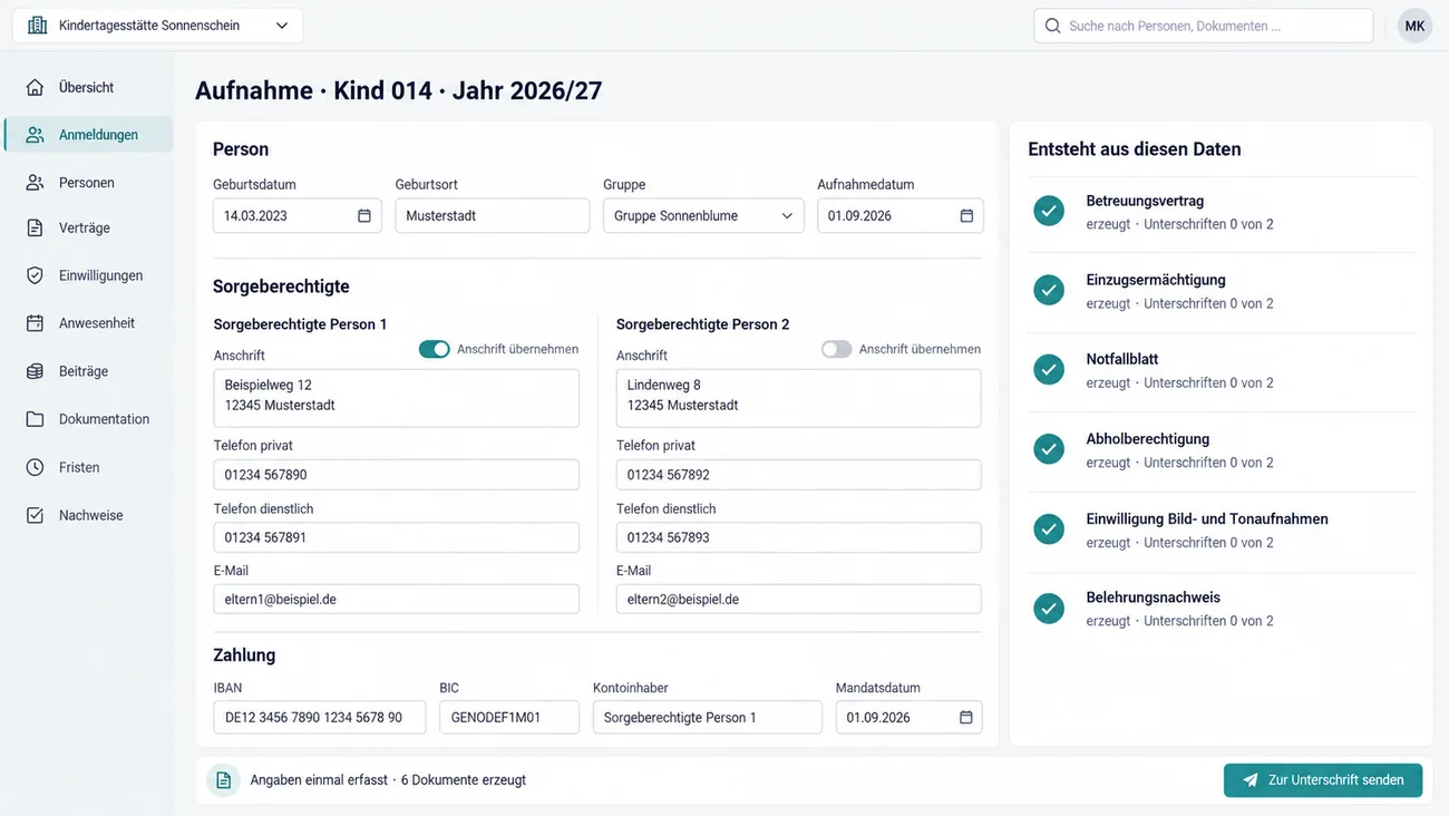 Maske: Aufnahmemaske mit Stammdaten und der Liste der daraus entstehenden Folgedokumente