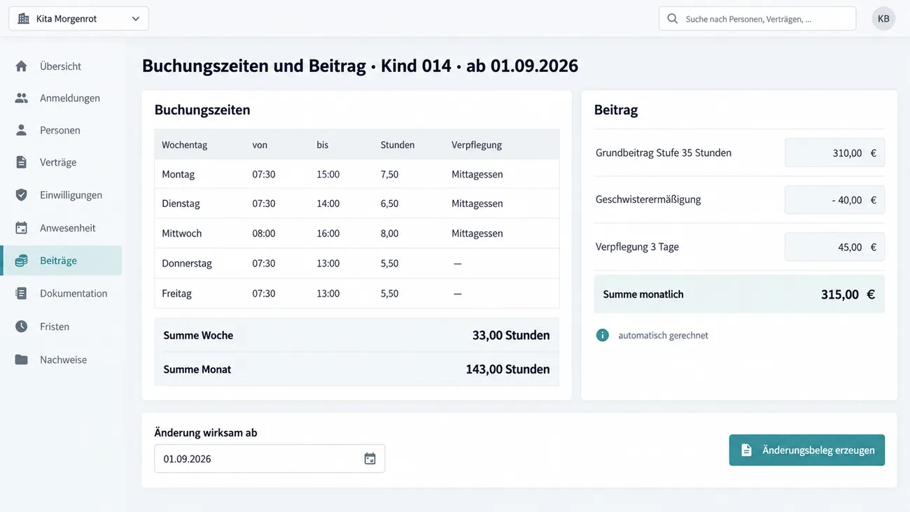 Maske: Wochentagstabelle der Buchungszeiten mit gerechneten Summen und der Beitragsberechnung