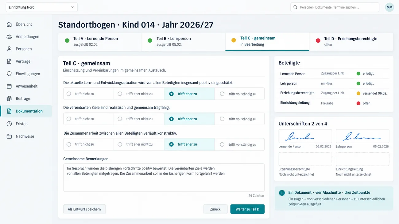 Maske: ein Bogen mit eigenen Abschnitten für vier Beteiligte zu verschiedenen Zeitpunkten