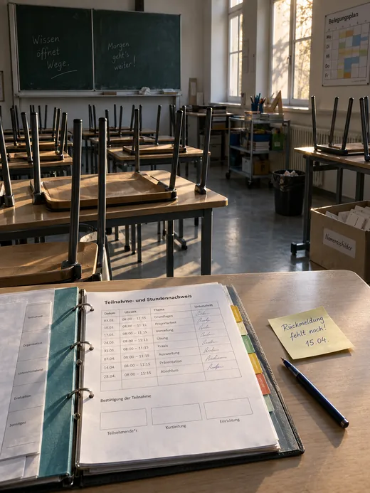 Teilnahme- und Stundennachweis in der Klarsichthülle auf einem Schülertisch, drei Unterschriftsfelder leer, ringsum hochgestellte Stühle