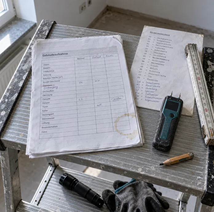 Oberste Standfläche einer Alu-Stehleiter als einziger Tisch, darauf der eigene Aufnahmebogen des Büros, von Hand um zwei Spalten ergänzt, daneben Bleistiftstummel, Feuchtemessgerät und Gliedermaßstab