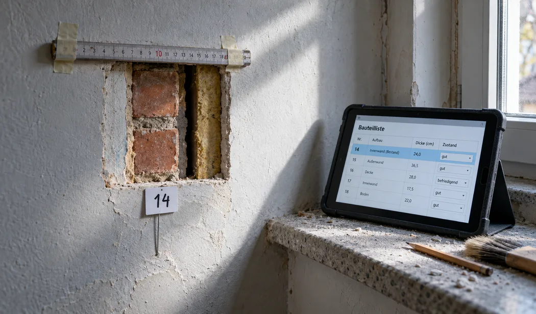 Handbreit freigelegte Wandöffnung mit Putz, Vollziegel und spröder Dämmplatte, ein Nummernkärtchen in der Fuge darunter und auf der Fensterbank ein Tablet mit derselben Nummer in der obersten Zeile