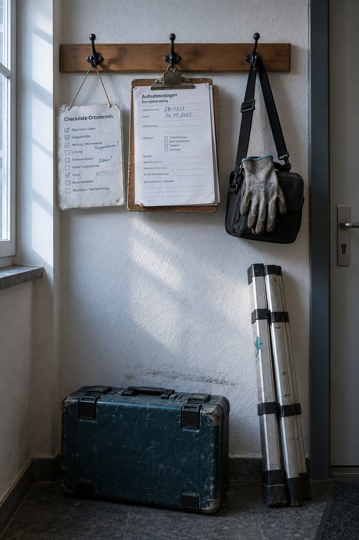 Garderobenleiste neben der Bürotür mit einer Klemmmappe voll Aufnahmebögen und einer laminierten Checkliste an der Schnur, darunter auf dem Boden Messgerätekoffer und zusammengeschobene Teleskopleiter