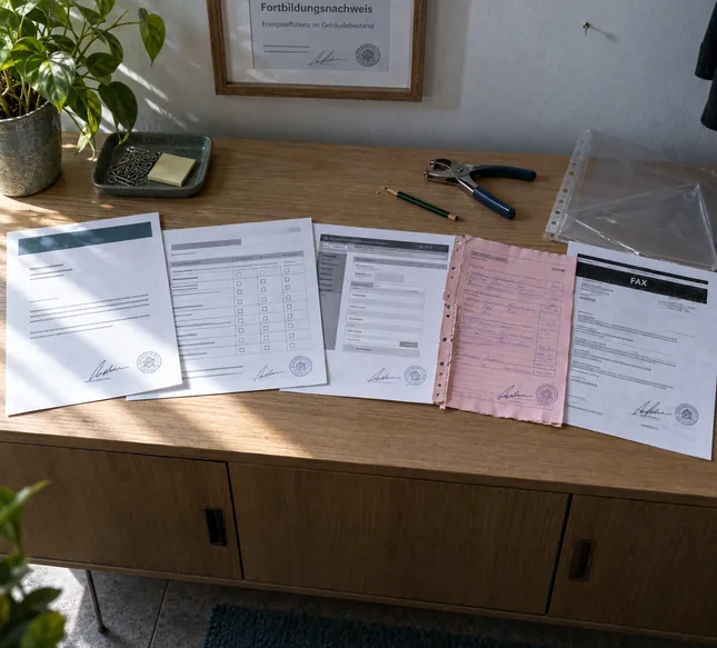 Sideboard im Büroflur mit fünf Fachunternehmererklärungen nebeneinander: Firmenbriefbogen, Ankreuzformular im Querformat, Ausdruck einer Bildschirmmaske, rosa Durchschlag und Faxausdruck