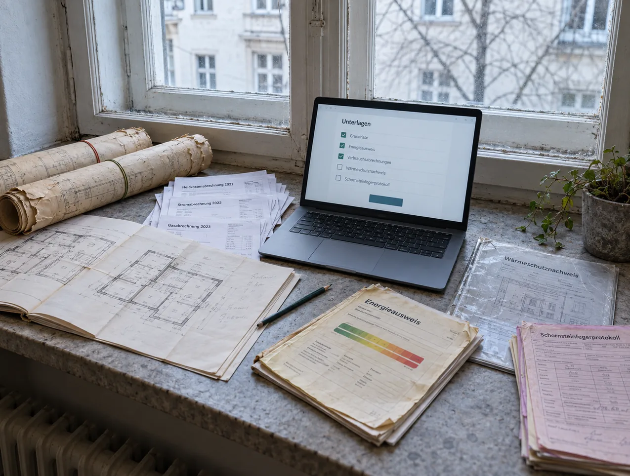 Fensterbank im Beratungsobjekt mit gebündelten Planrollen, aufgeschlagenen Grundrissen, Verbrauchsabrechnungen aus drei Jahren und altem Energieausweis, mittendrin ein aufgeklapptes Notebook mit der Unterlagenliste