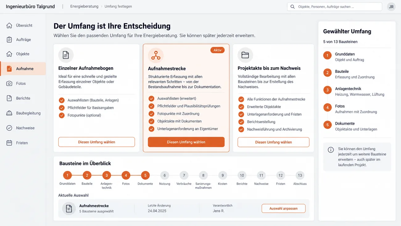 Maske: Auswahl des Umfangs mit drei Karten vom einzelnen Aufnahmebogen über die Aufnahmestrecke bis zur Projektakte und einer Leiste aus dreizehn Bausteinen
