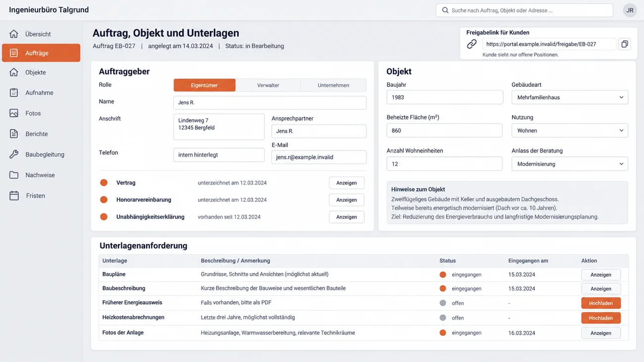 Maske: Vorgang mit getrennten Karten für Auftraggeber und Objekt sowie der Unterlagenanforderung, in der jede Position als eingegangen oder offen steht