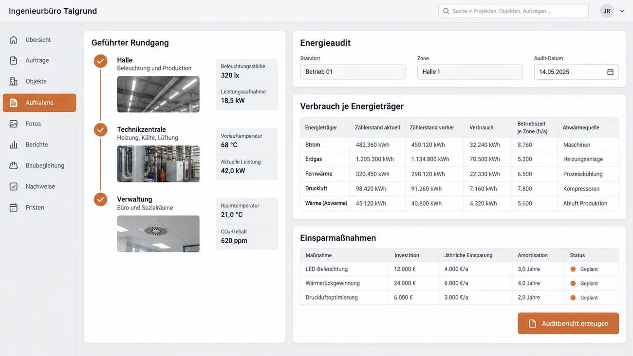Maske: Energieaudit mit Verbrauch je Energieträger und Zone, geführtem Rundgang durch Halle, Technikzentrale und Verwaltung und bewerteter Maßnahmenliste