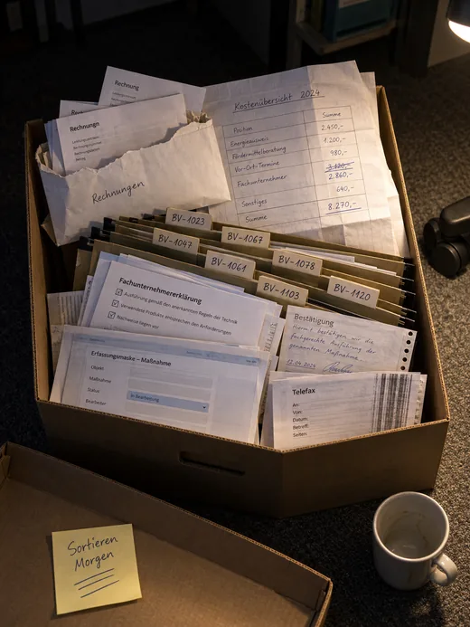 Offener Archivkarton neben dem Bürostuhl: sechs Hängemappen mit handgeschriebenen Objektnummern, quer dazwischen Fachunternehmererklärungen in fünf Formaten und eine gefaltete Tabelle mit handaddierten Summen
