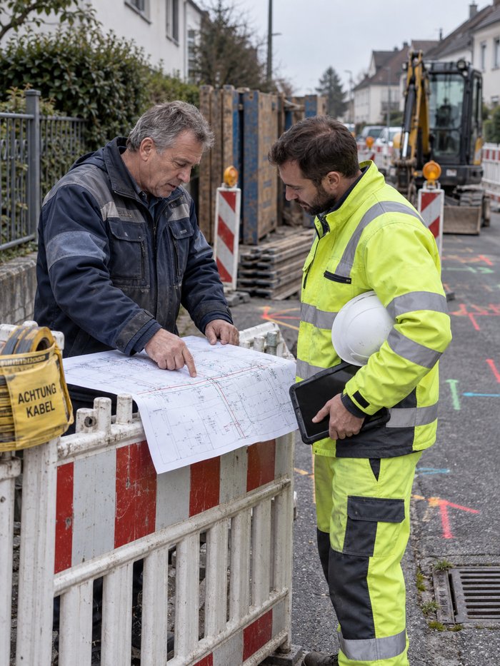 Netzmeister und Bauleiter am Bauzaun einer vorbereiteten Leitungsbaustelle, ein ausgedruckter Leitungsauskunfts-Plan gegen das Geländer gespannt, Finger auf einer Linie