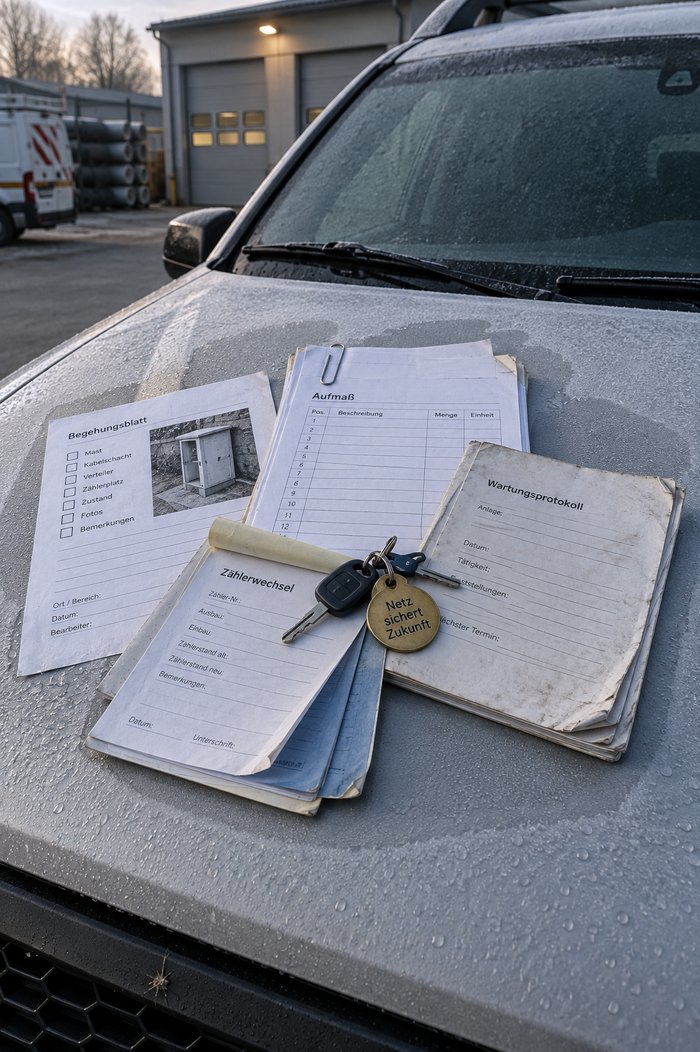 Taubeschlagene Motorhaube eines Netzbetriebsfahrzeugs mit aufgefächertem Begehungsblatt, zwei Wartungsprotokollen, achtseitigem Aufmaßsatz und Durchschlagsatz für den Zählerwechsel