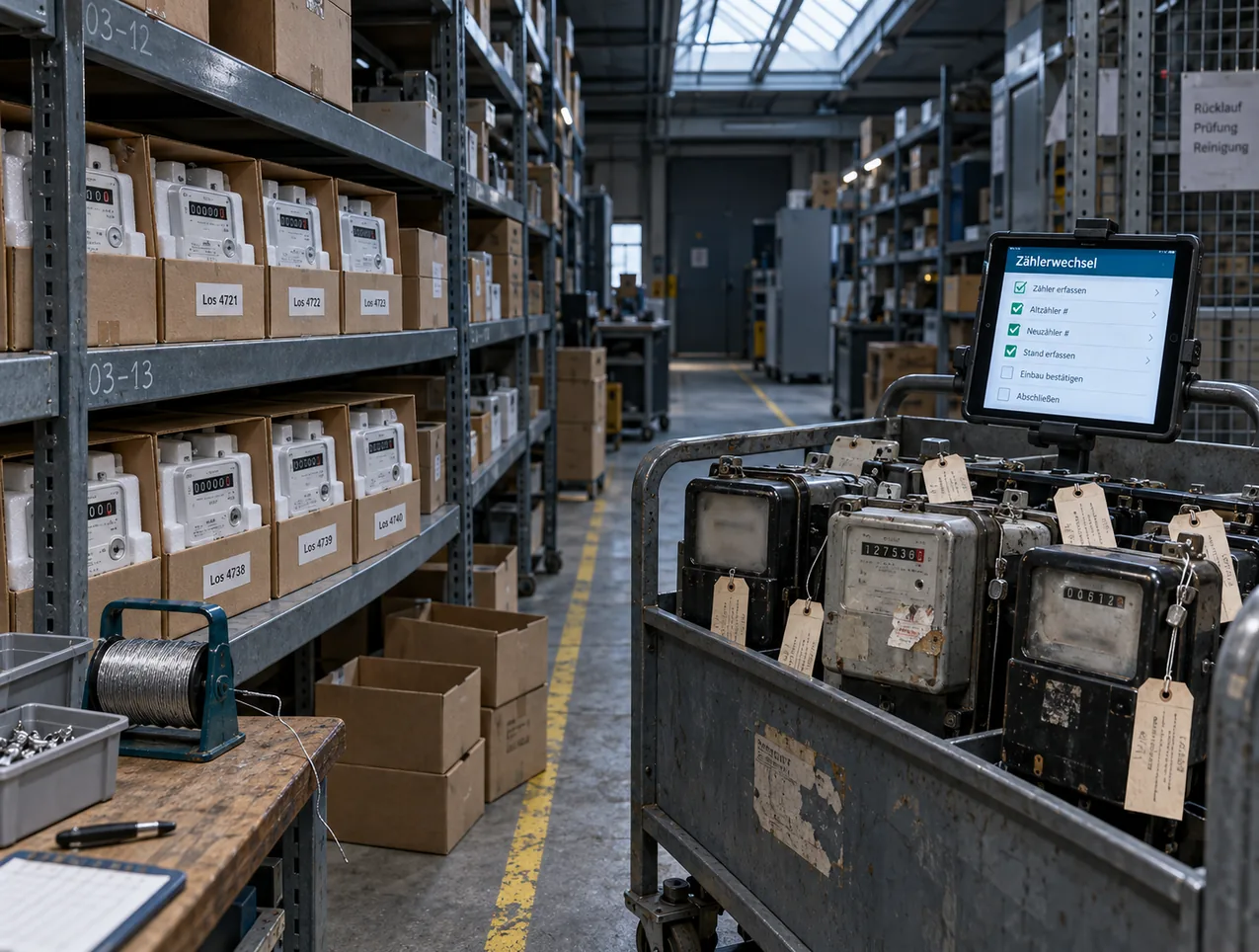 Zählerlagerplatz einer Versorgerwerkstatt: Regal mit neuen Zählern in Schaumeinlagen, gegenüber ein Rollwagen mit ausgebauten Zählern und ein Tablet am Schiebegriff