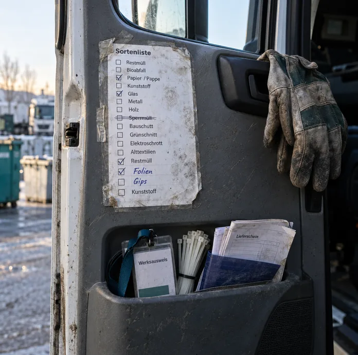 Innenseite einer geöffneten Lkw-Fahrertür mit aufgeklebter, laminierter Sortenliste aus fünfzehn Ankreuzzeilen, darunter in der Türtasche ein Werksausweis und ein Durchschlagsatz mit Blaupapier