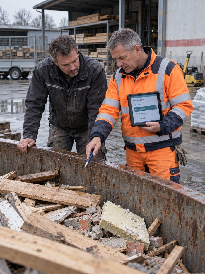 Fahrer und Betriebsinhaber stehen an einer gestellten Mulde auf einem Handwerkshof, der Fahrer deutet mit dem Kugelschreiber auf eine Stelle im Behälter und hält ein Tablet mit der Maske Sorte prüfen