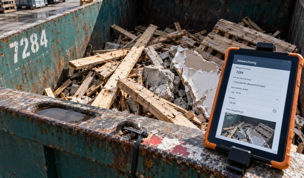 Blick über die Ladekante in eine halb mit Holz gefüllte Mulde, auf der Kante ein festgeklemmtes Tablet mit der Maske Abweichung und dem bereits angehängten Foto derselben Stelle