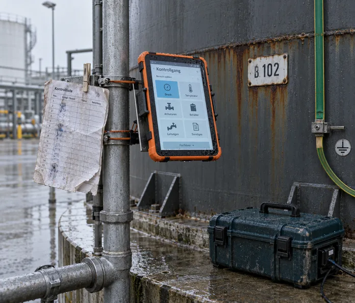 Robustes Tablet in oranger Gummihülle in einer selbst gebogenen Konsole am Rohrstrang eines Behälters, daneben eine aufgeweichte Papierliste an derselben Rohrschelle