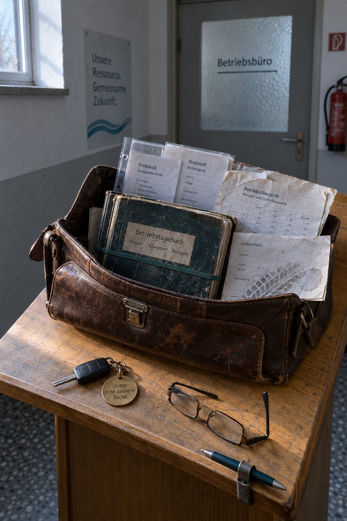 Geöffnete Ledertasche auf dem Stehpult, darin aufgestellt das wettergewellte Betriebstagebuch, zwei Protokolle in einer Klarsichthülle und ein gefalteter Tabellenausdruck