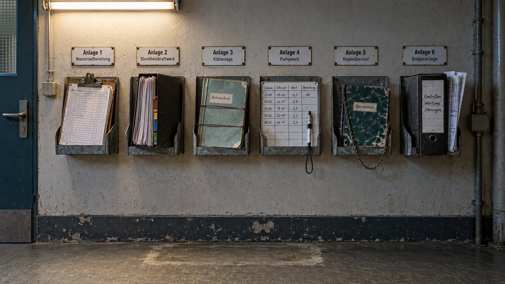 Sechs Wandhalter in einer Reihe an der Flurwand, in jedem das laufende Buch einer anderen Anlage: Klemmbrett, Ringbuch, Hefter, laminierte Tafel, Kladde und Aktenordner