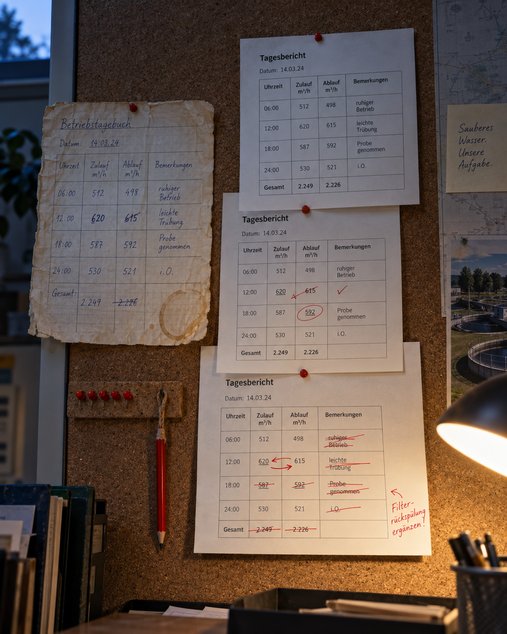 Pinnwand mit drei übereinander gesteckten Ausdrucken derselben Maske, der unterste dicht mit Rotstift korrigiert, links daneben die eingerissene Originalseite aus dem Betriebstagebuch