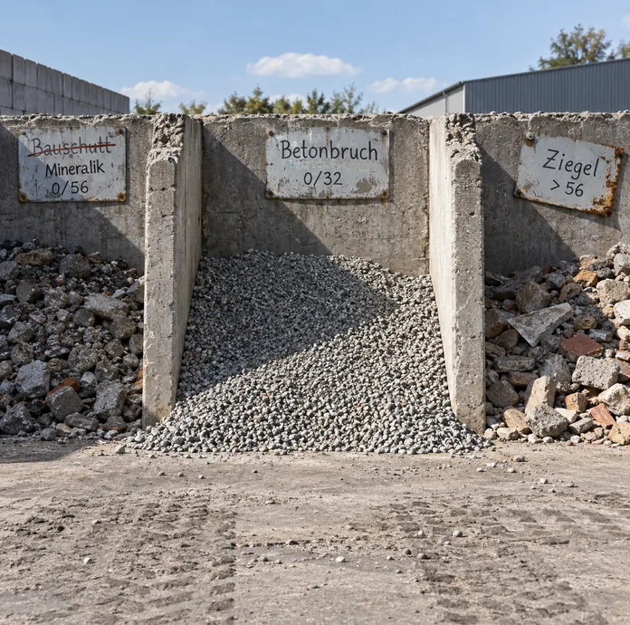 Drei Betonboxen auf dem Recyclinghof, an jeder Stirnwand ein angeschraubtes Blechschild mit von Hand aufgemaltem Sortennamen — eines überstrichen und neu beschriftet, eines schief hängend, eines am Rand durchgerostet