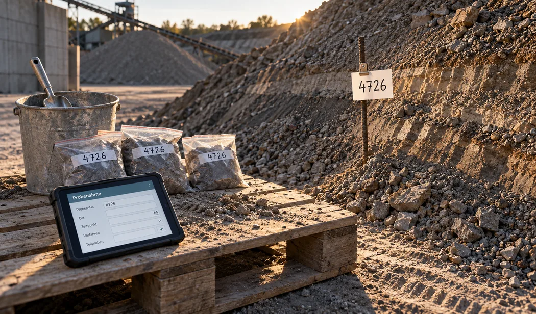 Haldenfuß mit Probenahmeeimer und drei beschrifteten Probenbeuteln auf einer Palette, daneben ein Tablet mit der Probenahmemaske, deren Nummer dieselbe ist wie auf dem Kärtchen am Bewehrungsstab in der Haldenflanke