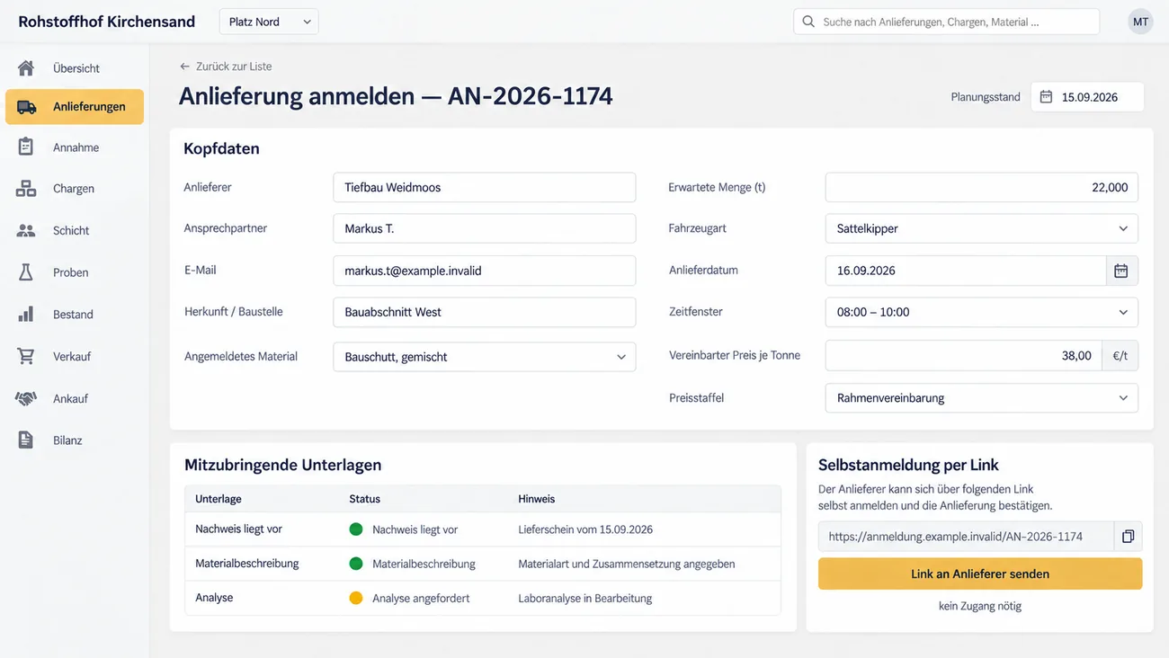 Maske: Anmeldung einer Anlieferung mit Herkunft, erwartetem Material, Menge, Zeitfenster, vereinbartem Preis und den mitzubringenden Unterlagen