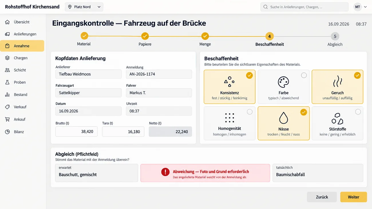 Maske: Eingangskontrolle auf der Brücke mit Brutto, Tara und Netto, Beschaffenheit als große Auswahlkacheln und dem Pflichtblock Abgleich erwartet gegen tatsächlich