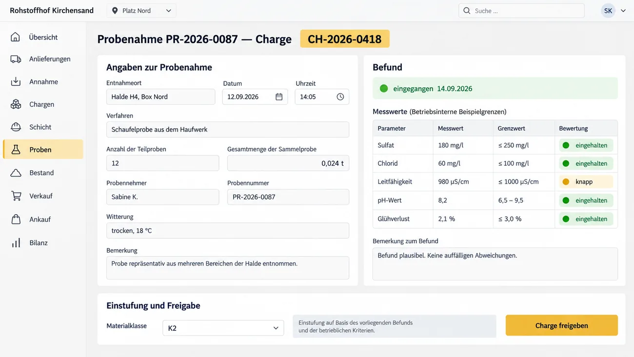 Maske: Probenahmeprotokoll mit Entnahmeort, Verfahren, Teilproben und Probennehmer, fest an der Charge, daneben der Tage später eingegangene Befund