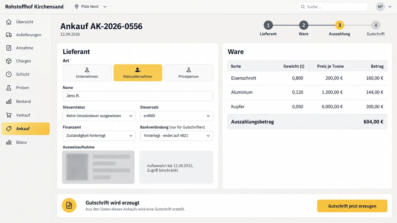 Maske: Ankaufsvorgang mit Lieferantenart, Steuerstatus, Bankverbindung, geregelter Ausweisaufnahme, Ware und Auszahlung bis zur Gutschrift