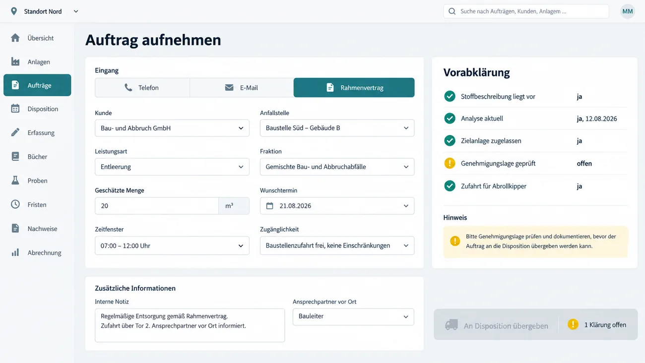 Maske: Auftragsaufnahme mit Leistungsart, Menge und Termin und der angehängten Vorabklärung zu Stoff, Anlage und Genehmigungslage