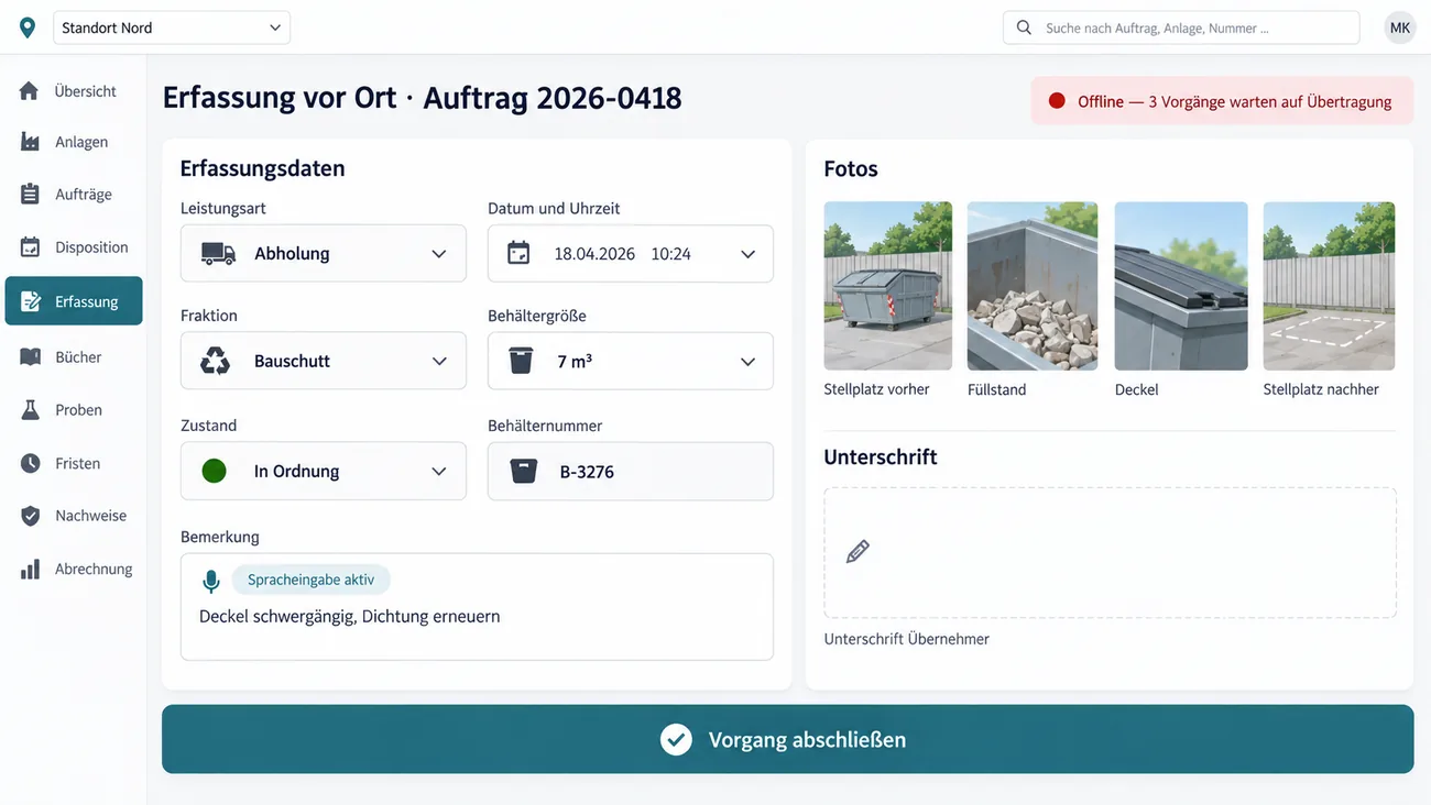 Maske: Erfassung vor Ort mit großflächigen Auswahlkacheln, zugeordnetem Foto, Unterschriftenfeld und Offline-Anzeige