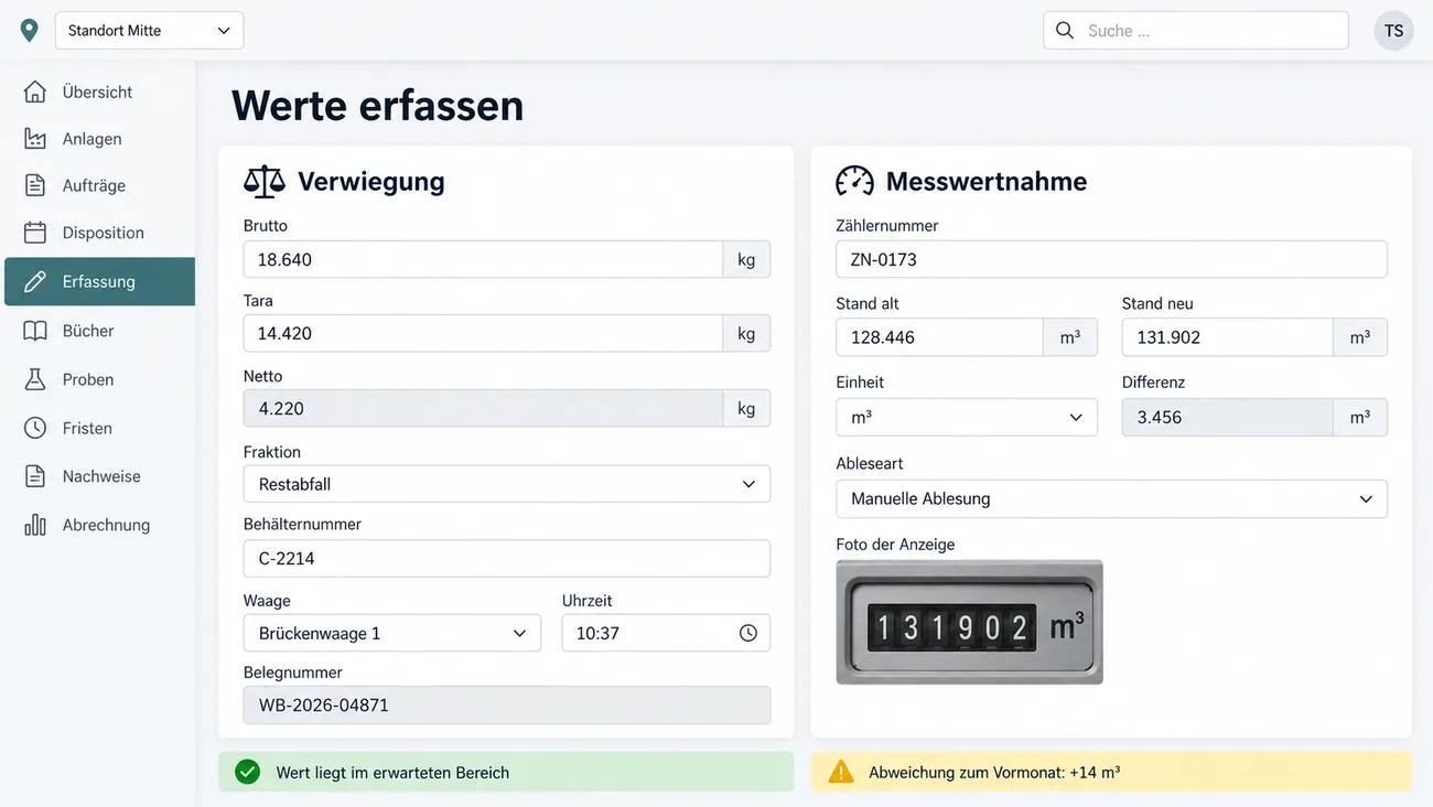 Maske: zweigeteilte Wertaufnahme mit Brutto, Tara, Netto und Behälternummer links und Zählernummer, Stand alt und Stand neu rechts
