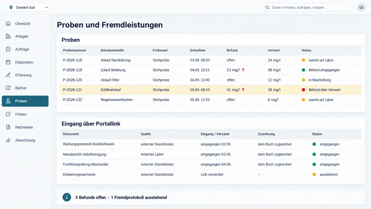 Maske: Probenliste mit offenen Befundpositionen, Vergleich zum Vorwert und dem Eingang externer Wartungs- und Entleerungsprotokolle