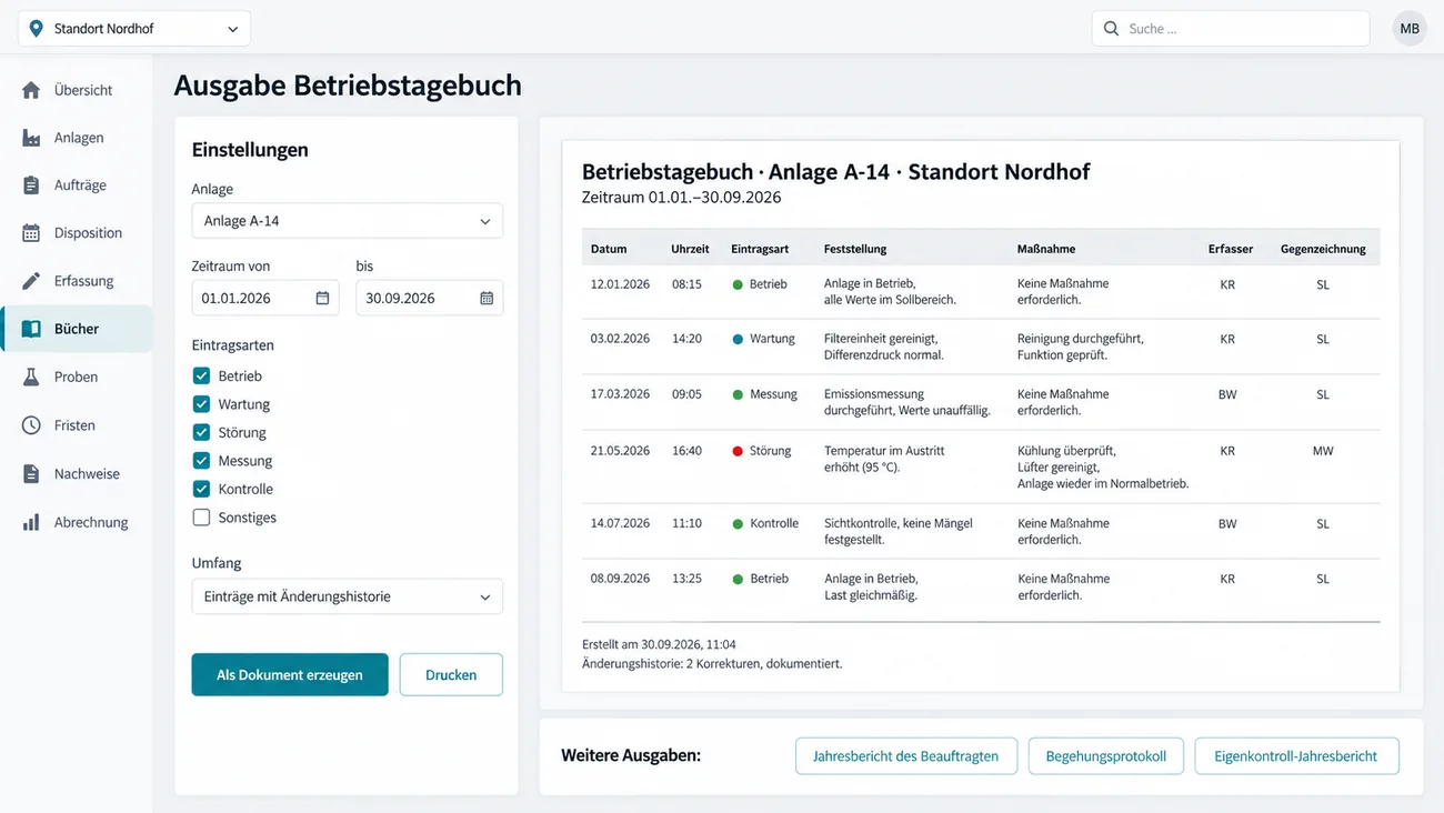 Maske: Ausgabeansicht des Betriebstagebuchs in Klartext mit Zeitraum, Zeitstempel, Gegenzeichnung und Änderungshistorie