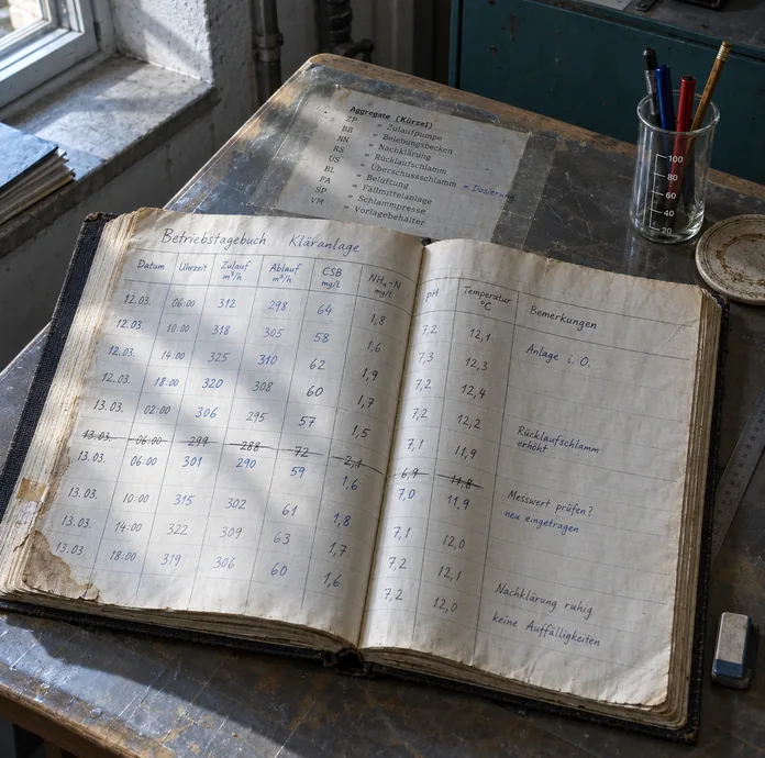 Aufgeschlagenes handgeführtes Betriebstagebuch auf dem Ecktisch eines Kläranlagen-Betriebsraums, die Spalten mit Lineal gezogen, drei Handschriften und ein brauner Wasserfleck an der Ecke