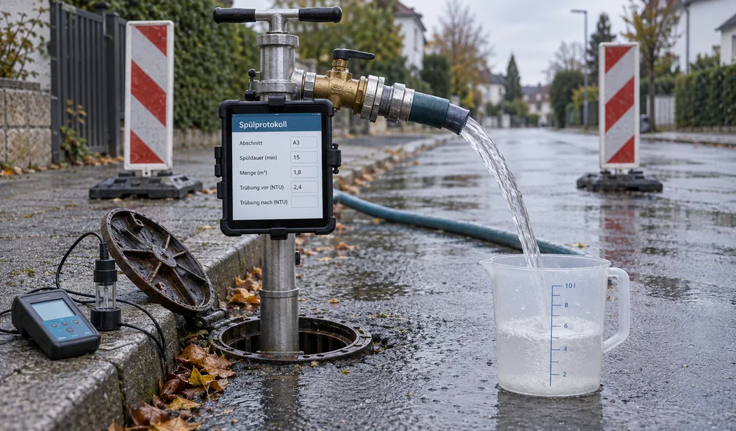 Unterflurhydrant mit aufgesetztem Standrohr am Straßenrand während der Netzspülung, der Strahl läuft in einen Messbecher, am Rohr klemmt ein Tablet mit dem Spülprotokoll
