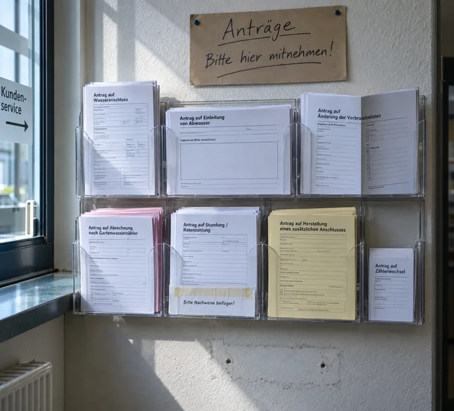 Prospekthalter an der Wand neben dem Kundenschalter eines Wasser- und Abwasserbetriebs mit sieben verschiedenen Antragsformularen, darunter ein Durchschlagsatz und ein mittig gefalteter Bogen