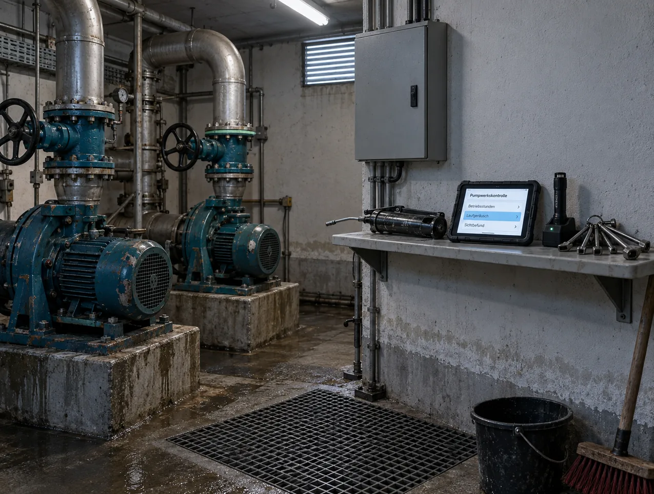 Wandbord im Betriebsraum eines Abwasserpumpwerks mit Fettpresse, Schieberschlüsseln und einem Tablet in dicker Gummihülle, auf dem die Pumpwerkskontrolle geöffnet ist