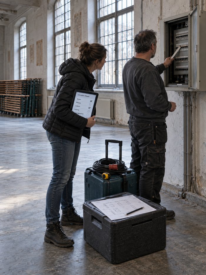 Besichtigung einer leeren Location: Mitarbeiterin mit Tablet vor dem geöffneten Verteilerkasten des Saals
