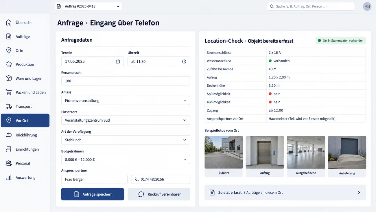 Maske: Anfrageerfassung und daneben der Location-Check des wiederkehrenden Einsatzortes