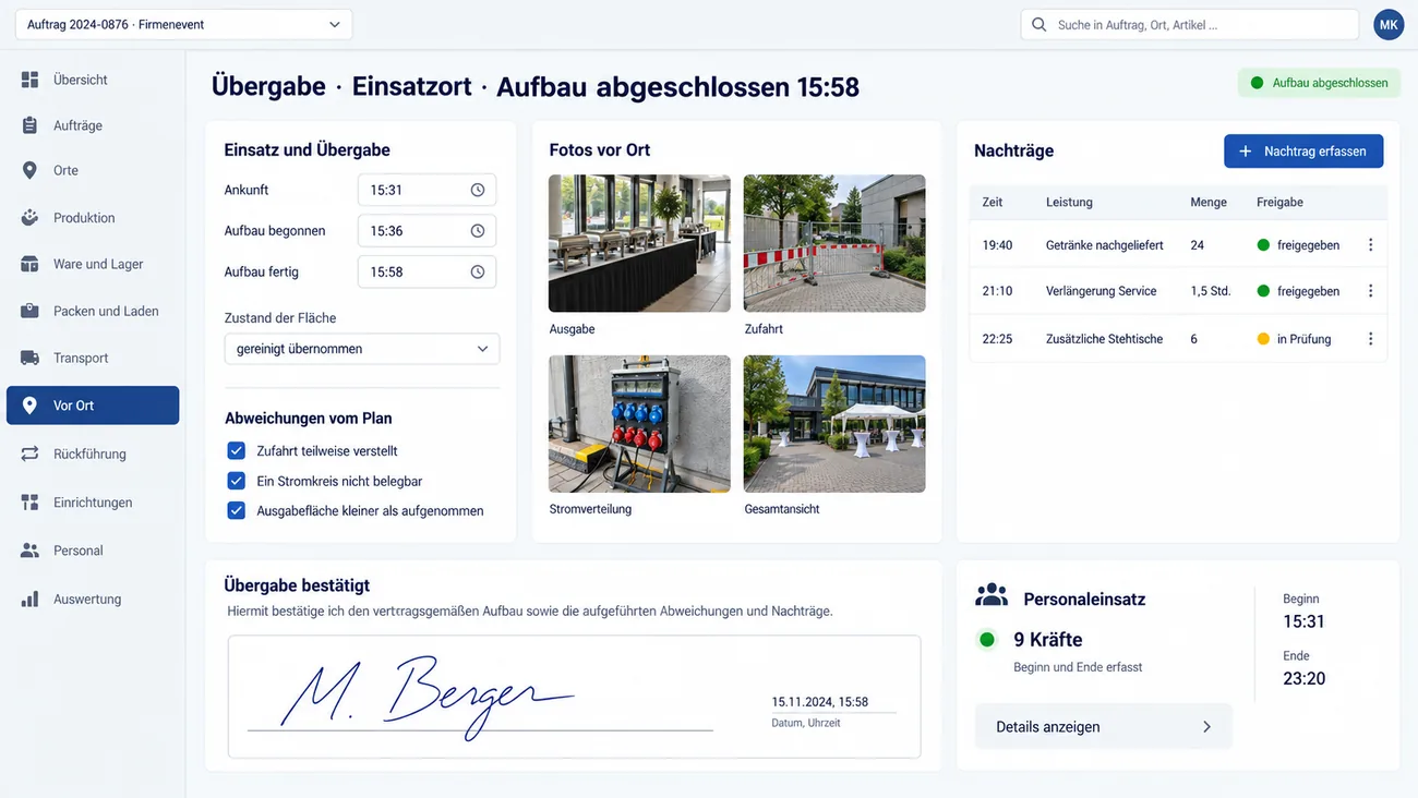Maske: Übergabeprotokoll am fremden Einsatzort samt Abweichungen, Fotos und Nachtragszeilen