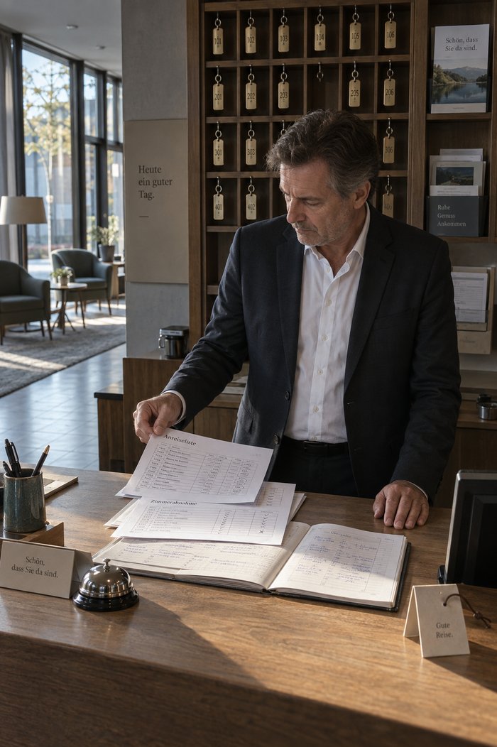 Hoteldirektor legt am Empfangstresen Anreiseliste, Abnahmeblatt und ein drittes Blatt zu einem Stapel