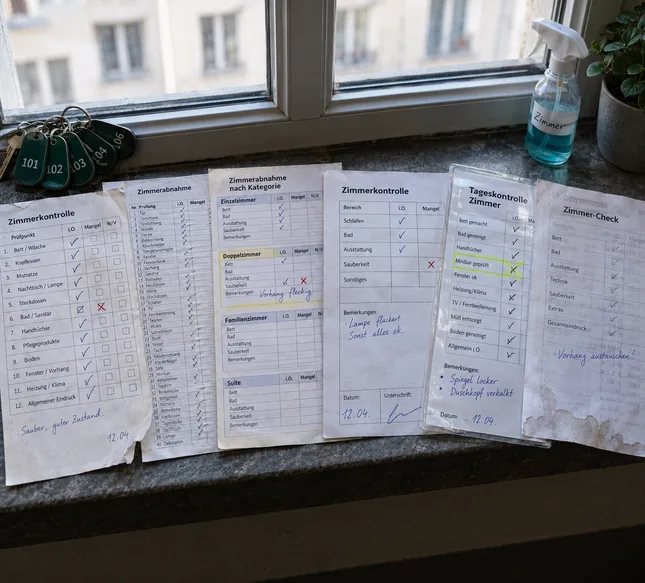 Sechs verschieden gebaute Zimmerabnahmeblätter aus sechs Häusern aufgefächert auf der Fensterbank im Etagenflur