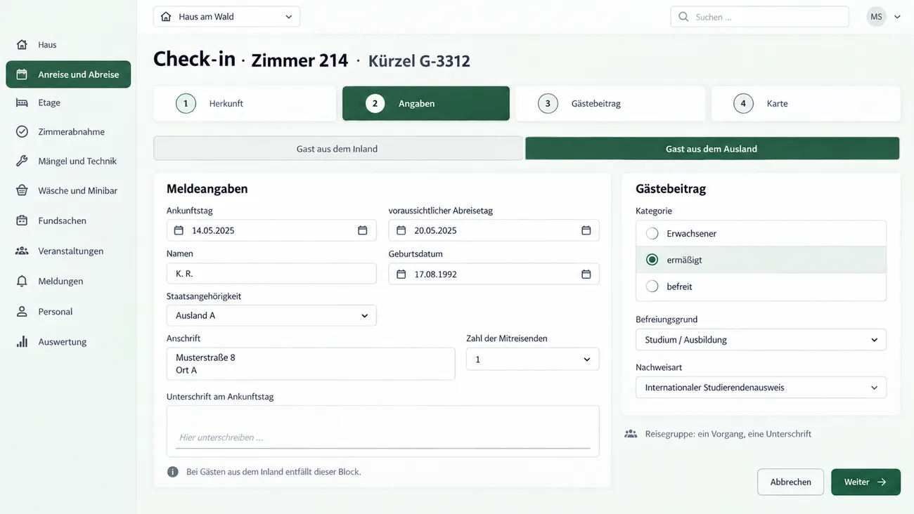 Maske: Check-in mit der Fallunterscheidung zwischen Gästen aus dem Inland und aus dem Ausland