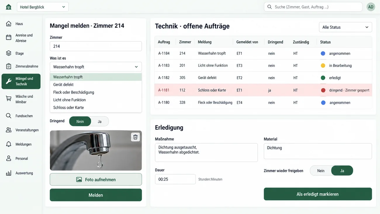 Maske: dreifeldrige Mängelmeldung aus dem Zimmer und der daraus entstandene Auftrag der Haustechnik