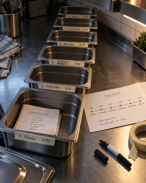 Sechs leere Gastronorm-Behälter in einer Reihe, jeder mit handbeschriftetem Kreppband und fortschreitender Uhrzeit